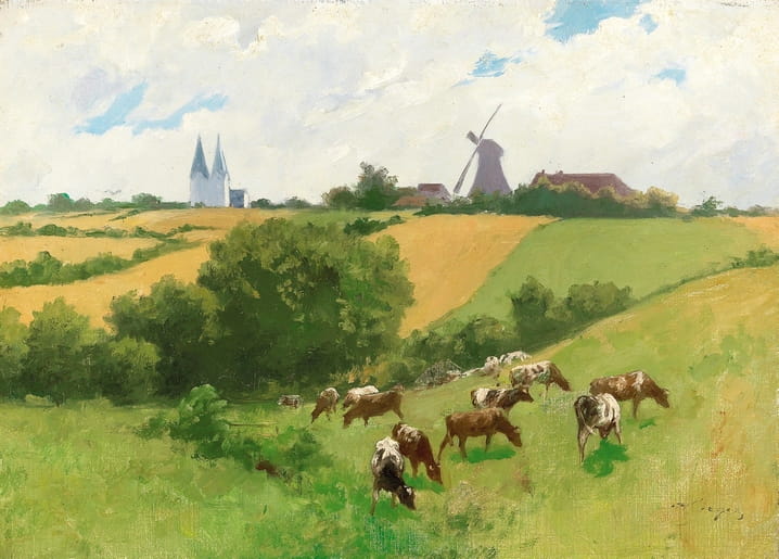 Painting of cows grazing near a windmill and church spires in a summer field