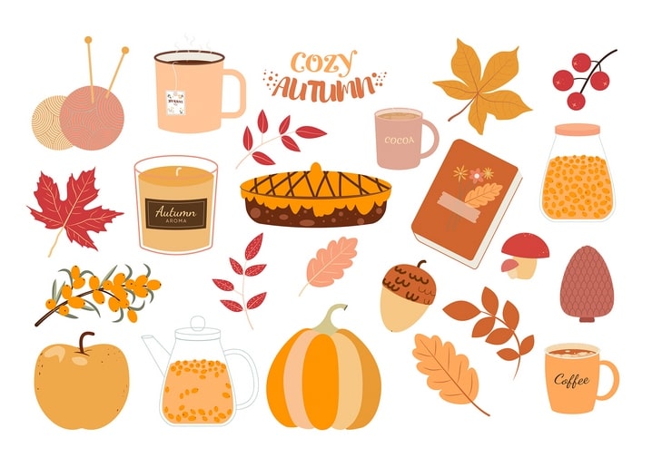 Flat-lay illustration of autumn items: tea, pumpkin pie, candle, honey jar, acorns and falling leaves