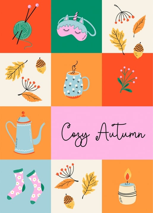 Nine-panel illustrated grid of cozy autumn items: yarn, mug, candle, socks and leaves