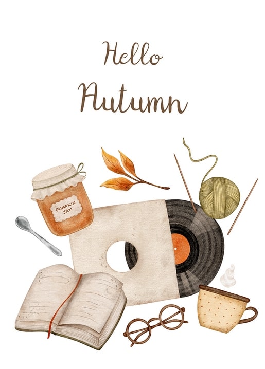 Vinyl record, pumpkin jam jar and open book flat lay for autumn reading
