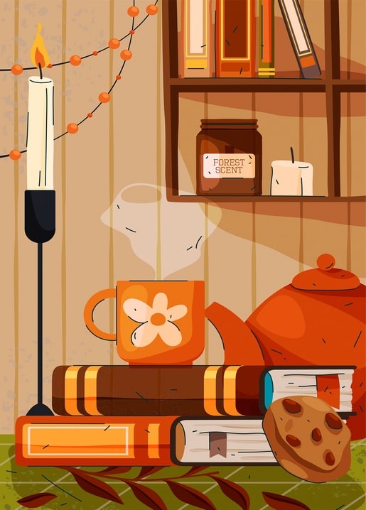 Illustrated postcard of a candlelit shelf with books, a steaming mug and a terracotta teapot