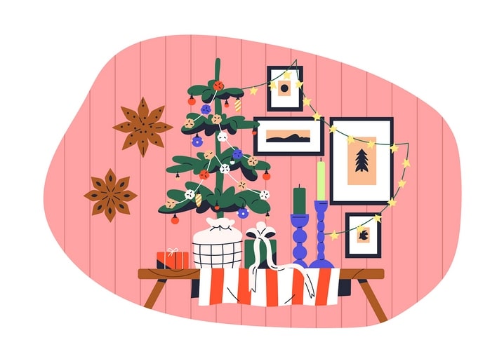 Illustriertes gemütliches Weihnachtszimmer mit Baum, Geschenken und Bildern an rosa Wand