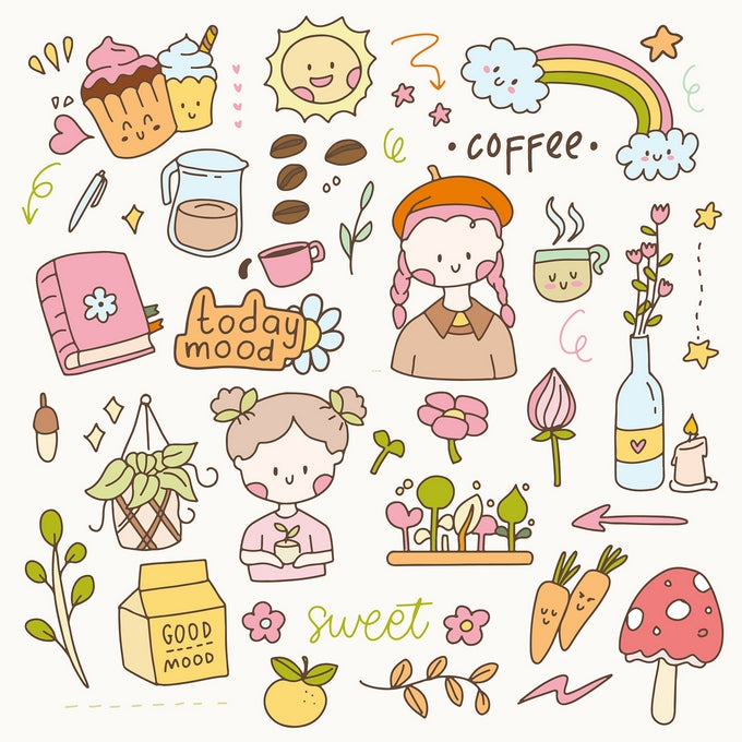 Doodle illustrations of coffee, cupcakes, plants and a braided-hair girl with ‘Good Mood’ text