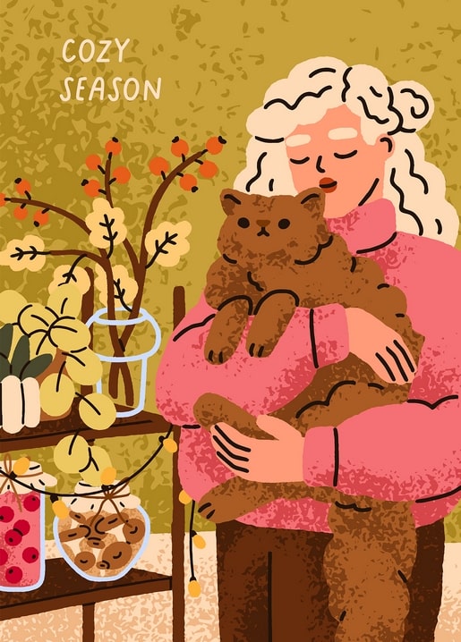 Illustrated postcard of a woman in pink holding a ginger cat beside autumn preserves and dried berries