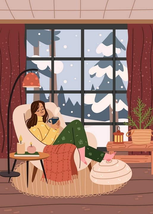 Illustration einer Frau mit Tee im Sessel am verschneiten Fenster