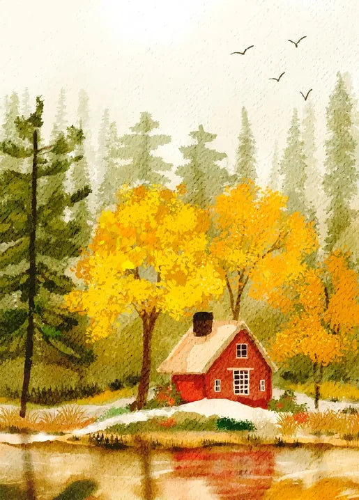 Postcard with Red cottage by a quiet lake surrounded by golden autumn trees
