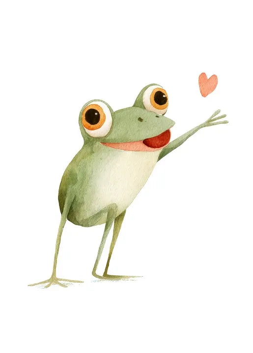 Cute frog postcard reaching toward a small heart in a watercolor style