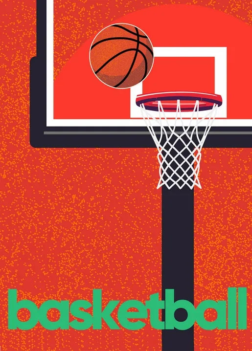 Modern sports postcard featuring a basketball hoop and ball on a red court