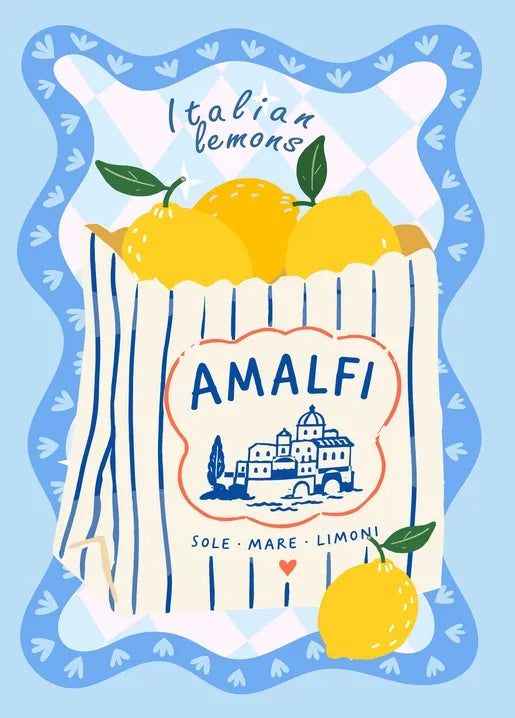 Italian travel postcard with bright Amalfi lemons and blue Mediterranean patterns