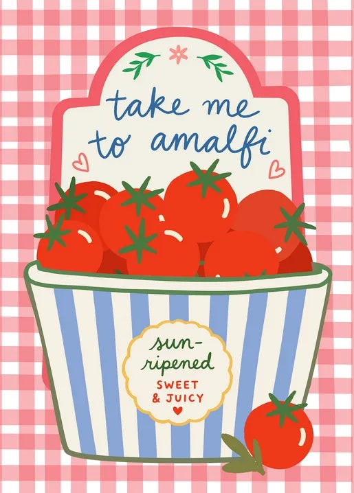 Italian food postcard with red tomatoes in a striped basket and Amalfi lettering