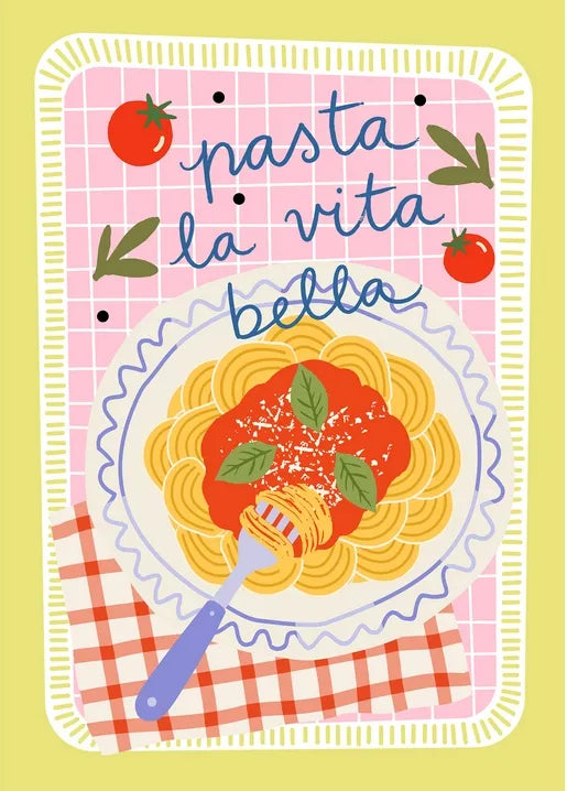 Italian food postcard with a plate of pasta, tomato sauce and fresh herbs