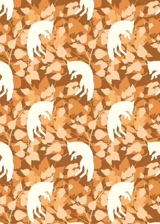 Autumn postcard with white fox silhouettes among warm brown and cream fall leaves