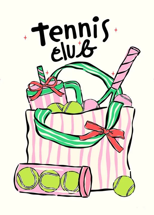Colorful tennis postcard with rackets, tennis balls and a Tennis Club illustration