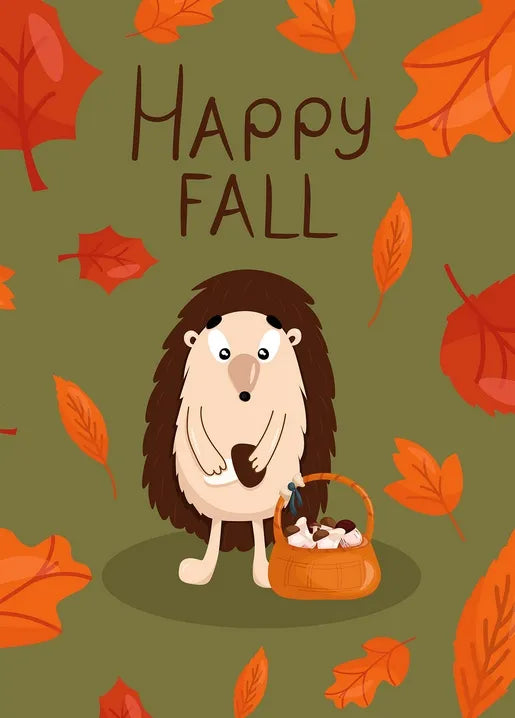 Happy Fall autumn postcard with a cute hedgehog holding a basket among orange leaves