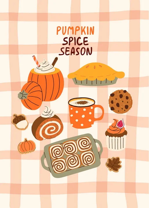 Cozy fall postcard with pumpkin spice treats, coffee, pie, cookies and pumpkins