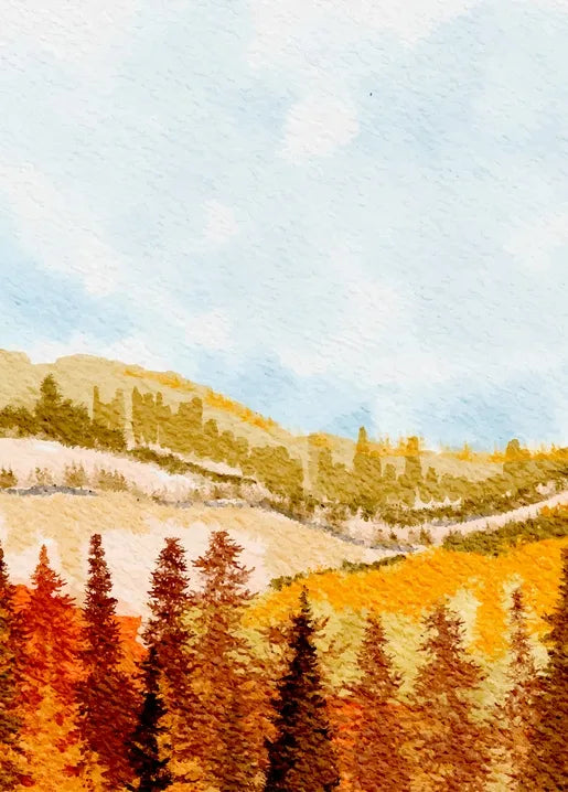 Postcard with Golden autumn mountain landscape with orange forest and evergreen trees