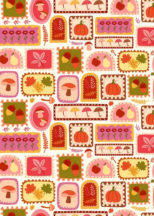Autumn postcard with a collage of illustrated postage stamps featuring leaves, pumpkins and mushrooms