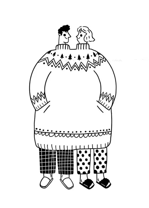 Cozy autumn postcard showing a couple sharing an oversized knitted sweater