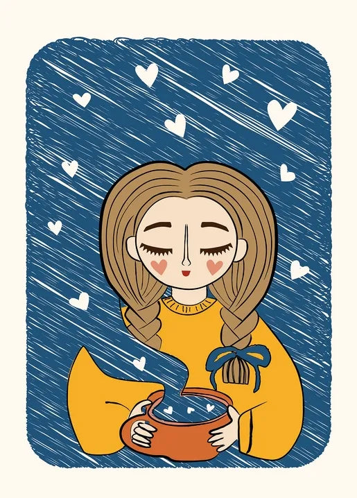 Cozy autumn postcard with a girl in a yellow sweater holding a warm drin