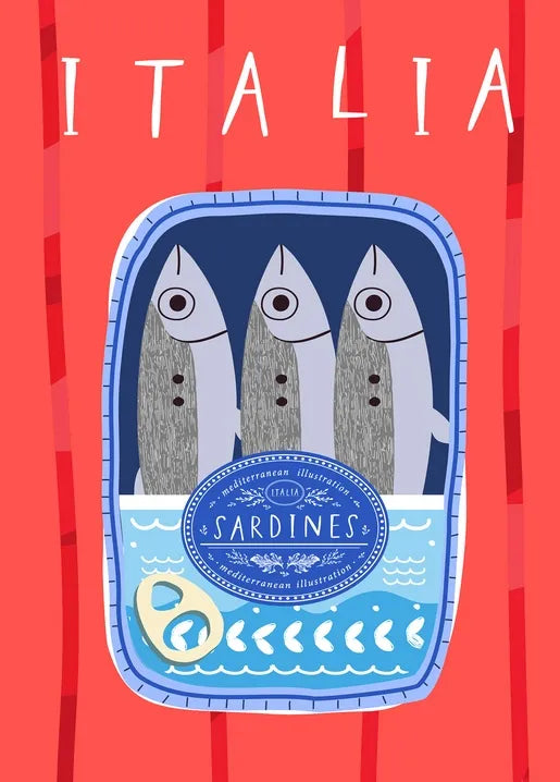 Italian food postcard with illustrated sardines in a blue Mediterranean tin