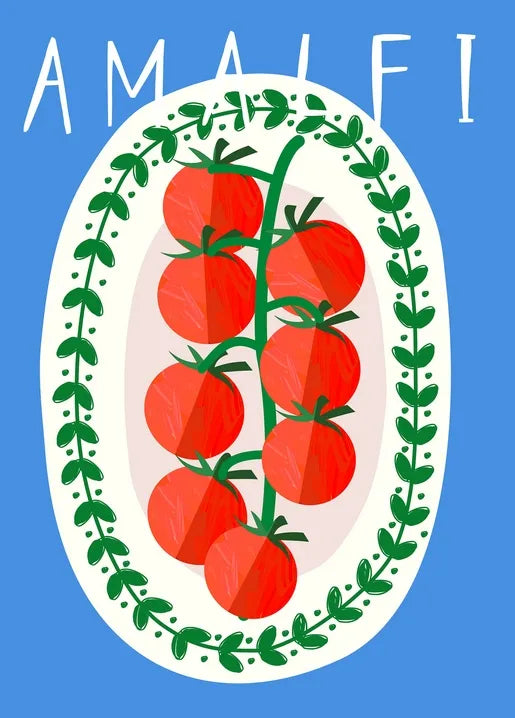 Italian travel postcard with ripe red tomatoes and an Amalfi design