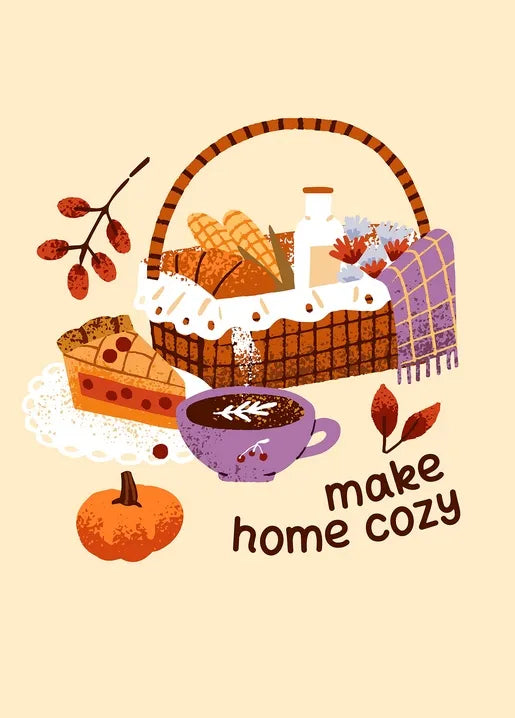 Cozy autumn postcard with bread, pastries, coffee, pumpkin and a basket of home comforts
