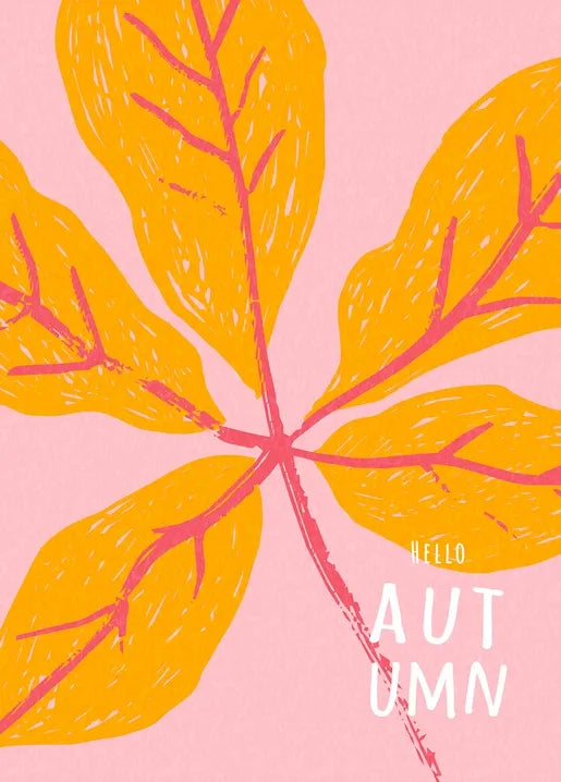 Minimalist autumn postcard with golden leaves and a Hello Autumn message