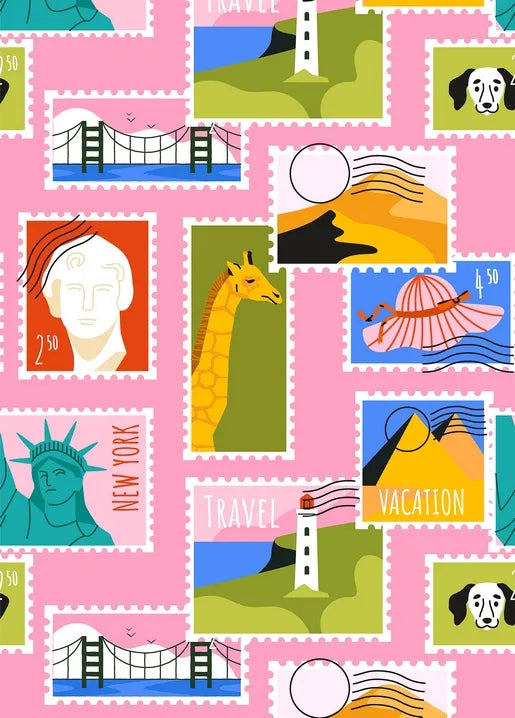 Travel postcard with colorful illustrated postage stamps showing destinations and vacation scenes