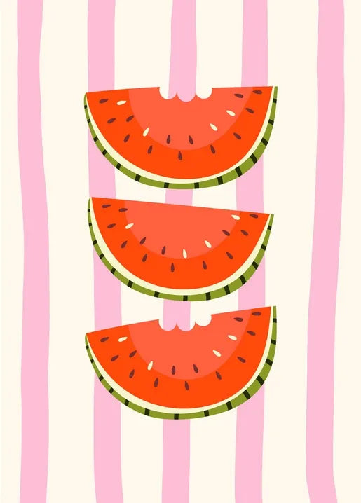 Playful fruit postcard with three red watermelon slices on a pink striped background
