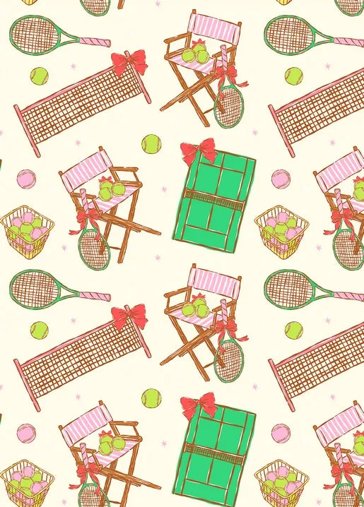 Tennis sports postcard with rackets, green court, tennis net and balls in baskets