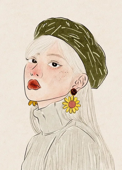 Autumn art postcard with a woman wearing an olive beret and sunflower earrings