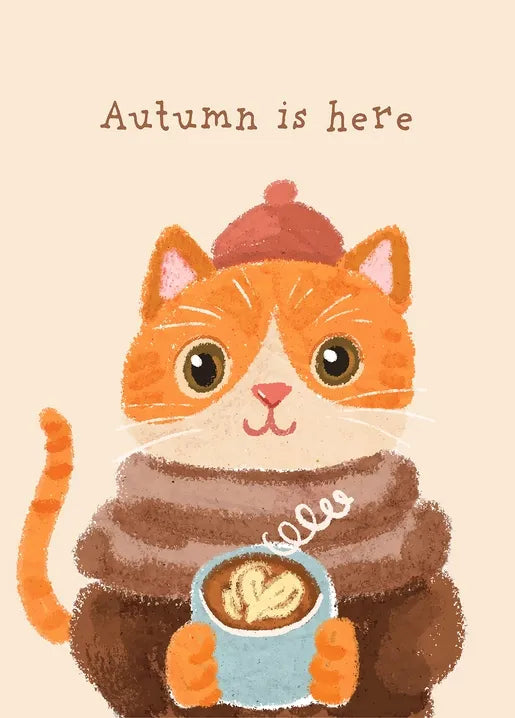 Cute autumn postcard with an orange cat in a scarf holding a cup of coffee