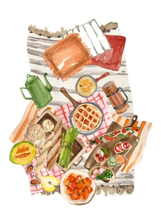 Autumn food postcard with waffles, pastries, fruit, vegetables, tea and a green teapot