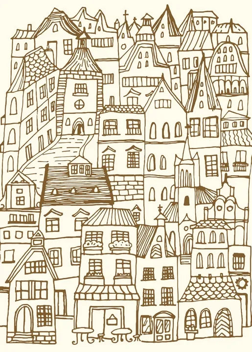 Architectural postcard showing a detailed old European town with historic houses and rooftops