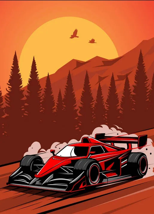 Racing car postcard showing a red sports car on a mountain road at autumn sunset
