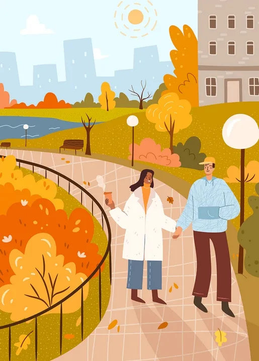 Autumn postcard with a couple walking hand in hand through a colorful city park