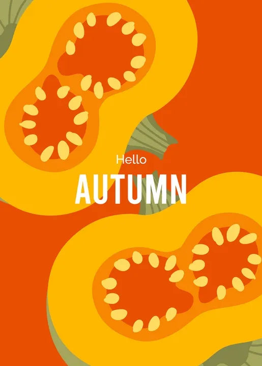 Hello Autumn postcard with stylized orange pumpkins and golden autumn colors