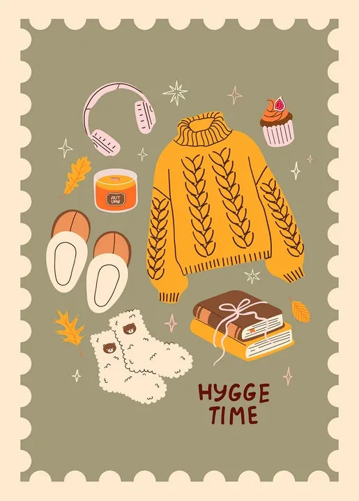 Hygge autumn postcard with a warm sweater, slippers, tea, books and fluffy sheep
