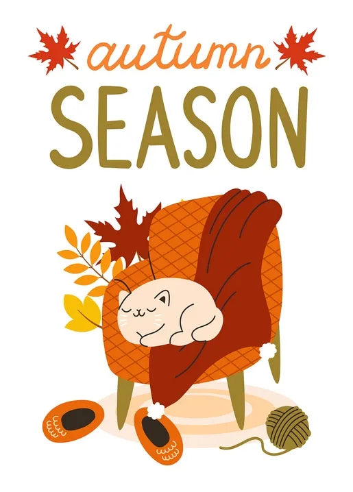 Cozy autumn postcard with a sleeping white cat in an armchair, blanket and knitting yarn