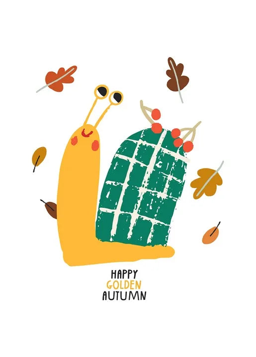 Happy Golden Autumn postcard with a yellow snail carrying a green patterned shell