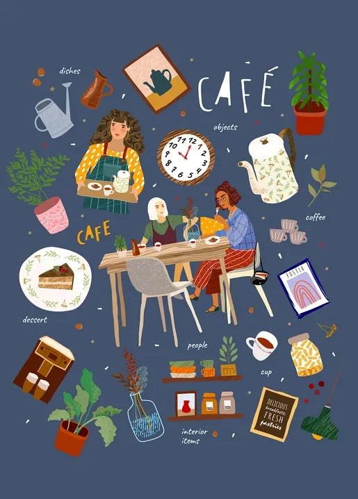 Cozy café postcard with people drinking coffee, desserts, plants, cups and café interior details