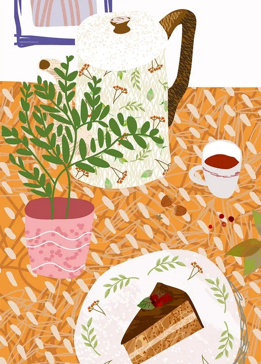 Cozy autumn postcard with a floral teapot, cup of tea, layered cake and potted plant