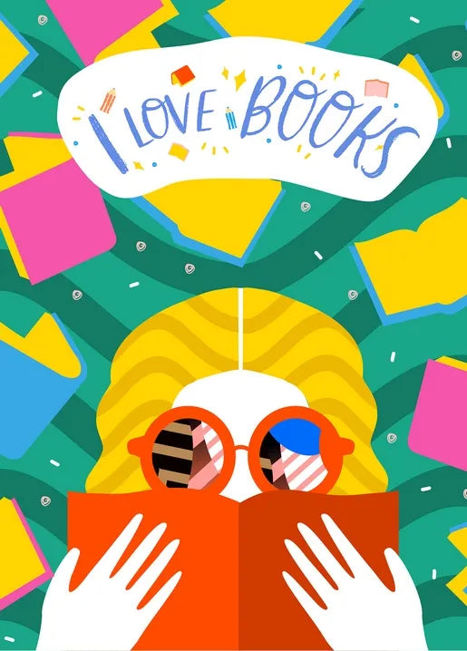 I Love Books postcard featuring a girl reading a book with colorful books around her