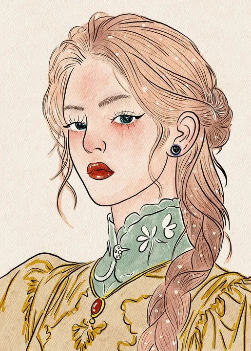 Autumn art postcard with an illustrated woman wearing a high collar and long braid