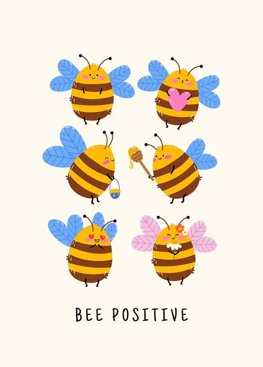 Bee Positive postcard with six cute colorful bees and an uplifting message