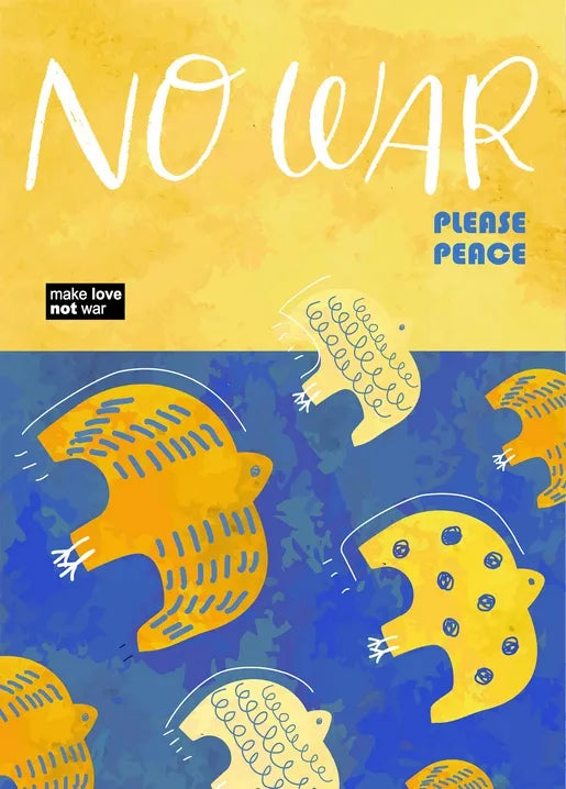 No War Please Peace postcard with colorful illustrated birds and a message of peace