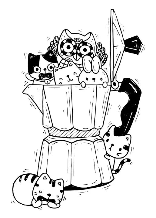 Cute cat postcard with several playful cats gathered around a large cup coffee