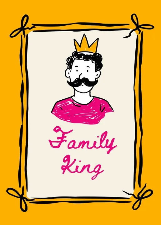 Funny illustrated postcard of a crowned Family King with a mustache
