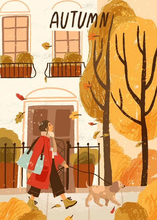 Autumn walk postcard with a girl in a red coat walking a dog among golden trees