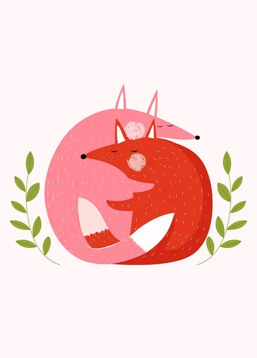 Fox love postcard with two cute red and pink foxes curled together among green branches